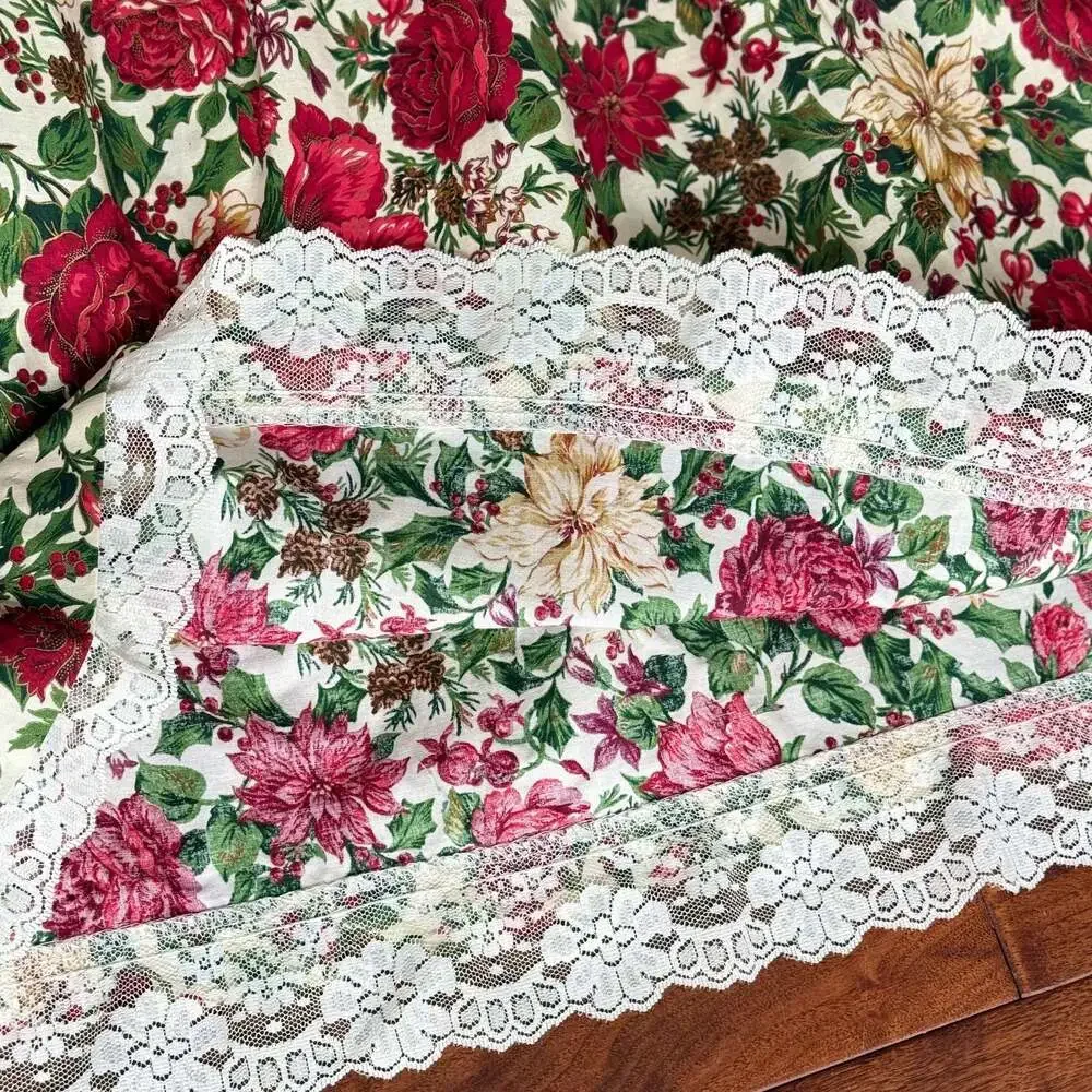 Vintage Bonnie Jean New York Red Floral Holiday Dress With Lace Trim Size 10